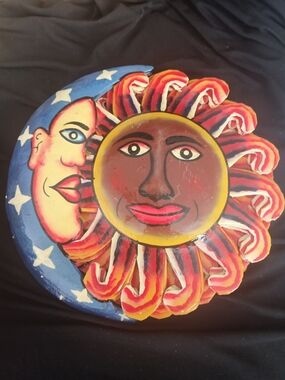 Sun and Moon Wall Metal Plaque - Bright Hand Carved Painted